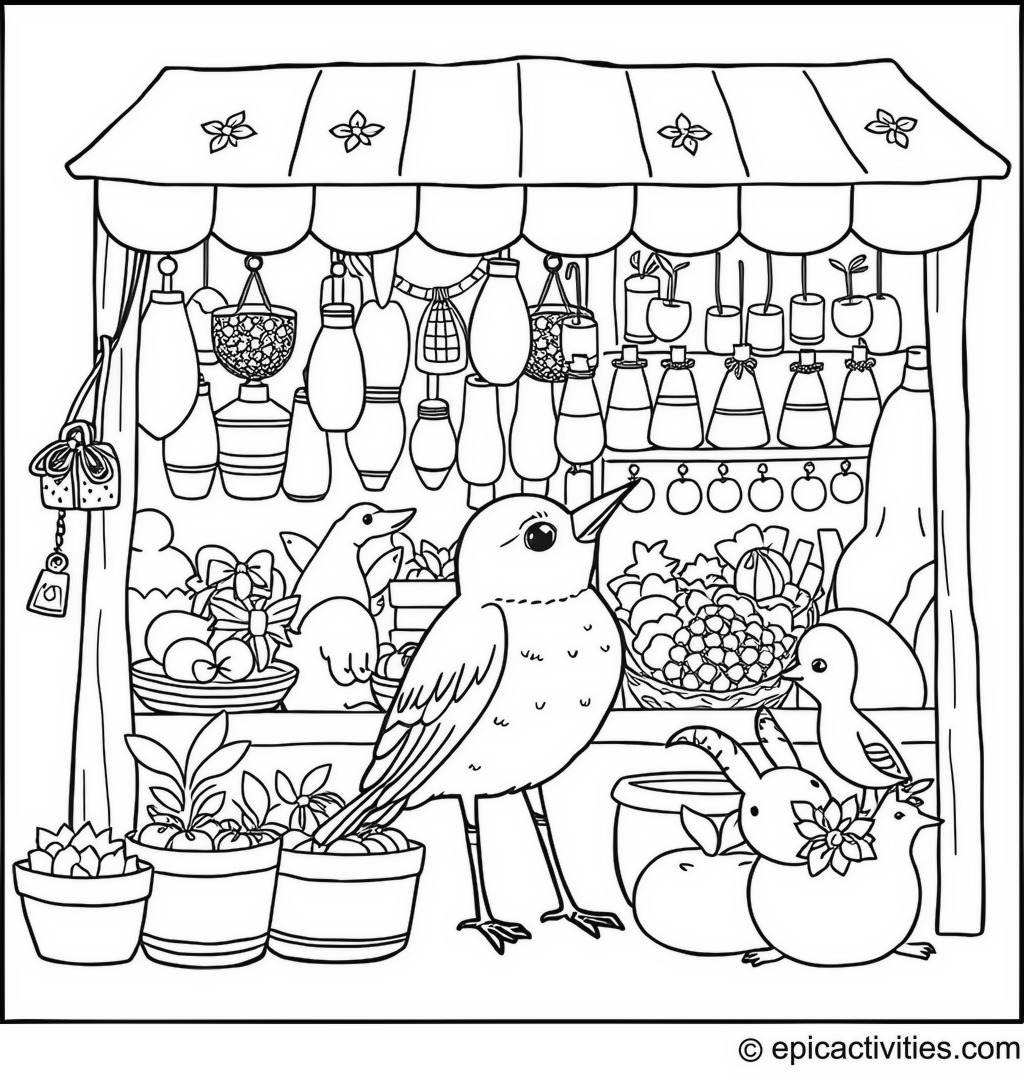 Coloring page of a cute bluebird visiting a detailed market stall