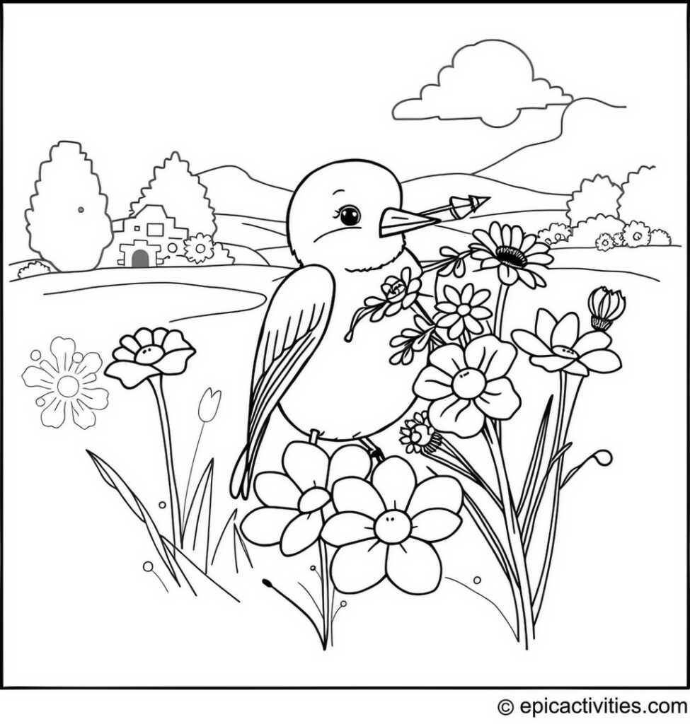 Coloring page of a Cute Bluebird with Flowers Bouquet in a Garden Landscape
