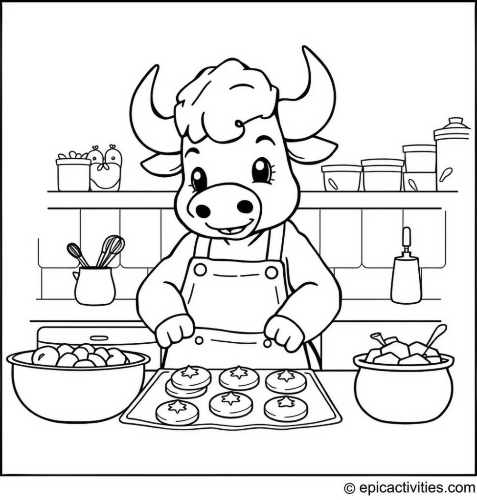Coloring page of a Cute Buffalo Baking Cookies in a Cozy Kitchen