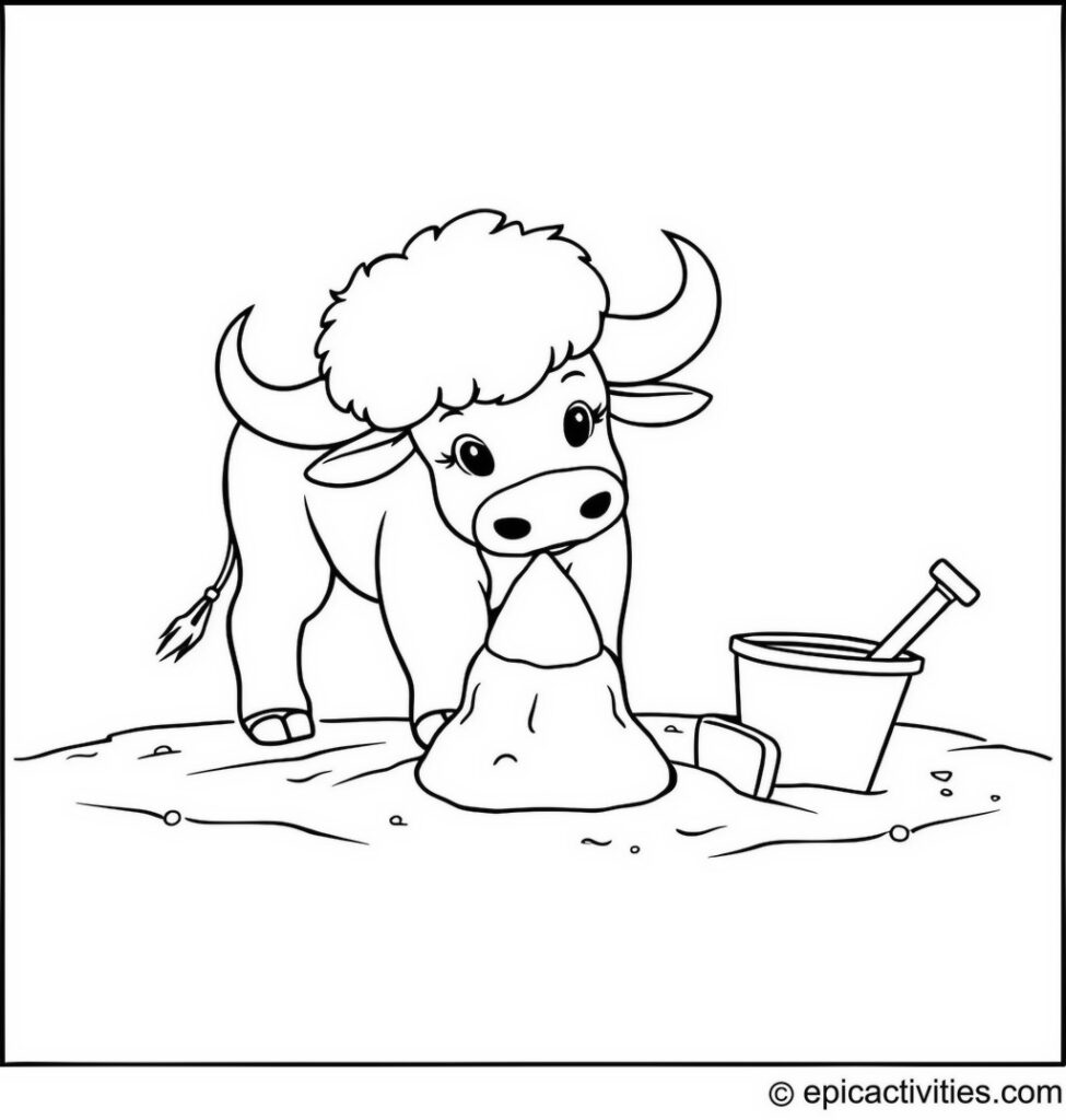 Coloring page of a Cute Buffalo Building a Sandcastle on the Beach