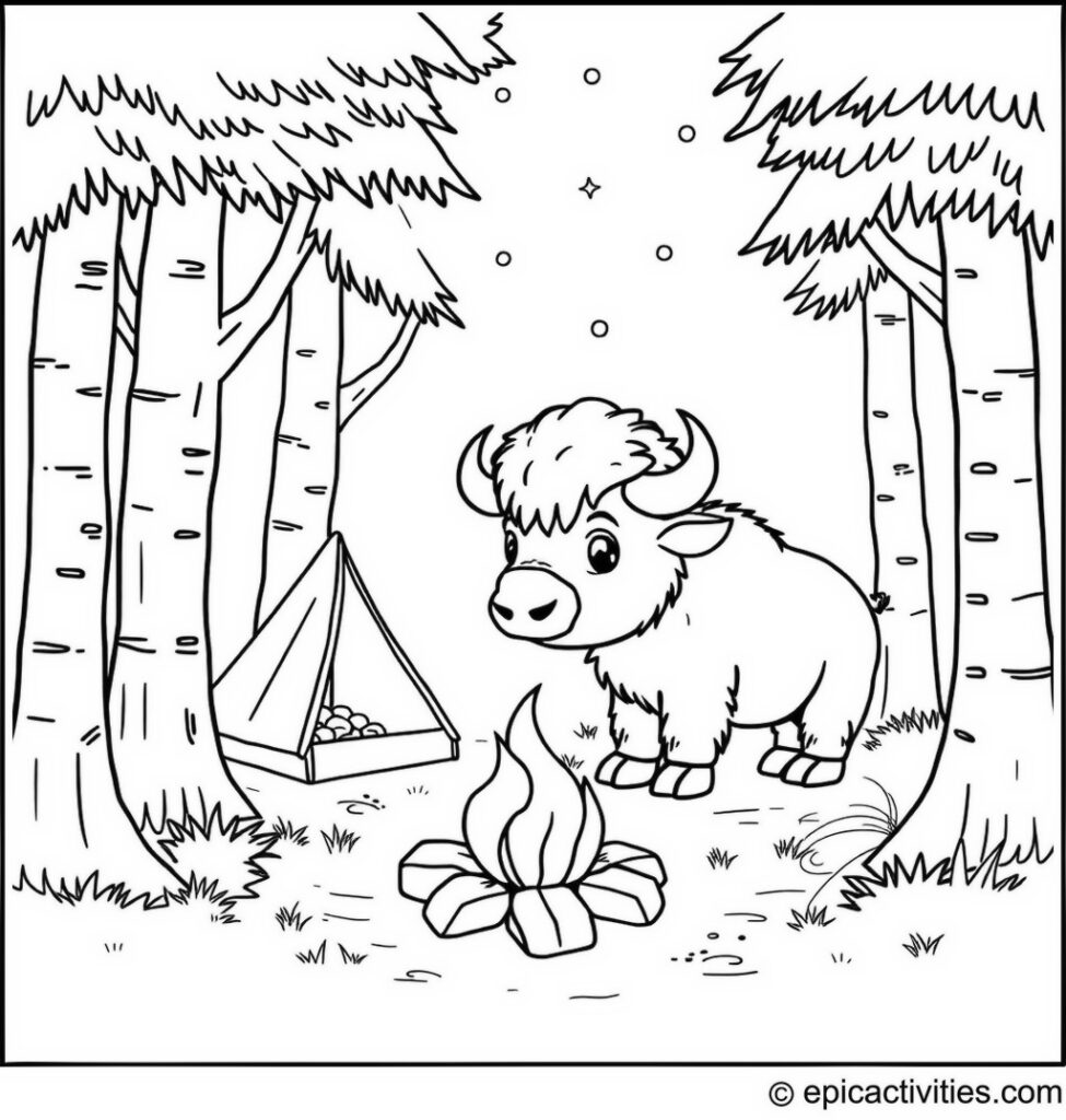 Coloring page of a Cute Buffalo Camping in the Forest
