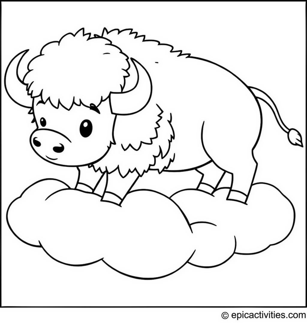 Coloring page of a Cute Buffalo Floating on a Cloud