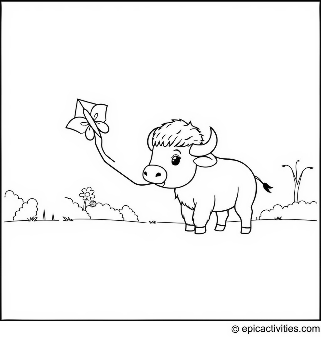 Coloring page of a cute buffalo flying a kite shaped like a butterfly in a sunny park