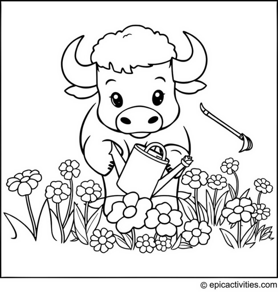 Coloring page of a Cute Buffalo Gardener Planting Flowers