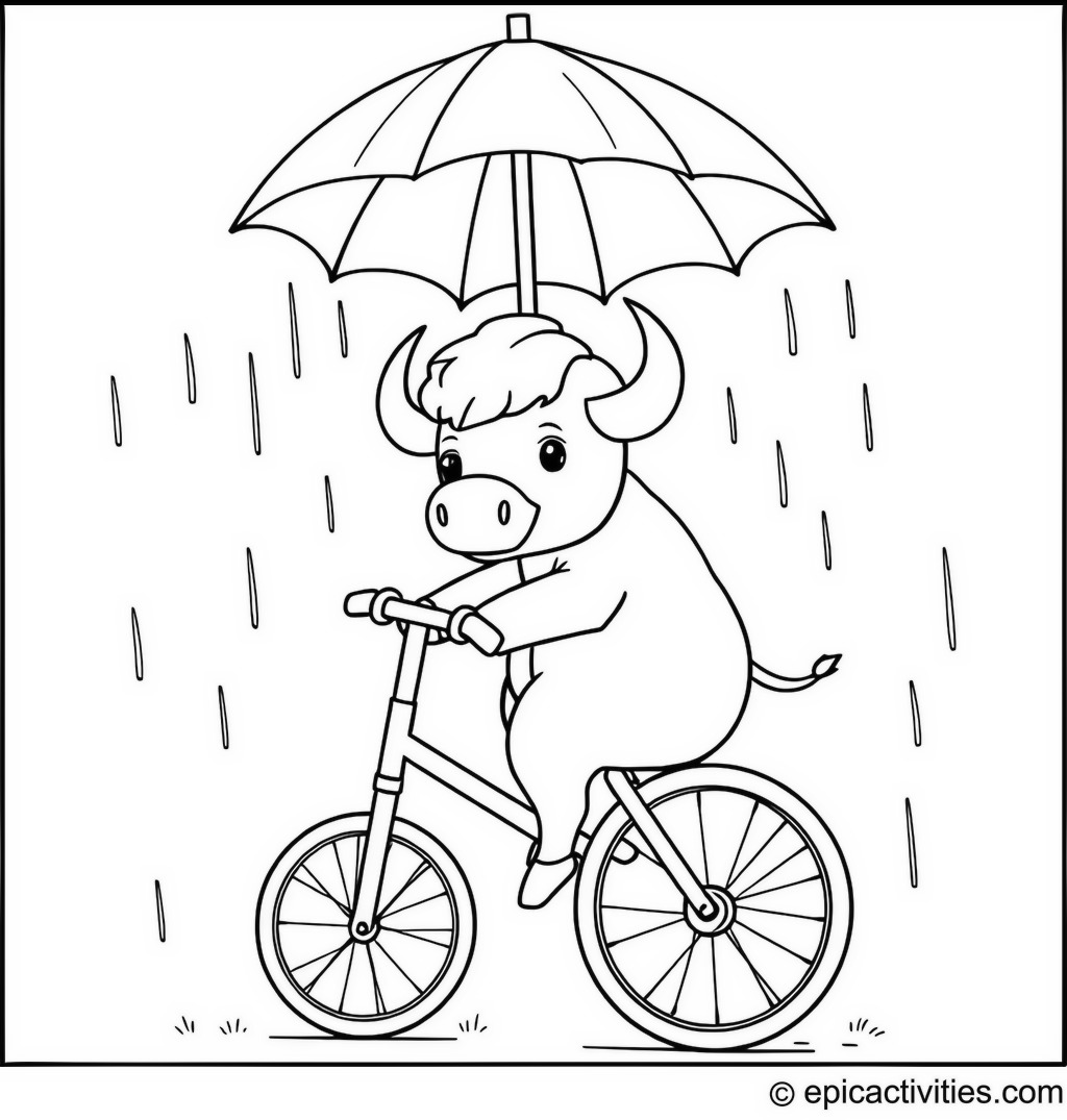 Coloring page of a cute buffalo holding an umbrella and riding a unicycle in the rain
