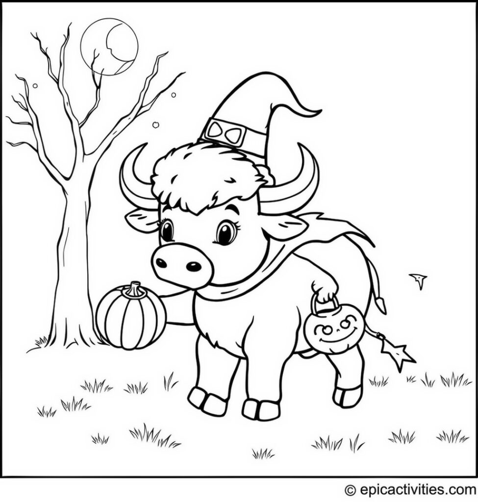 Coloring page of a Cute Buffalo in a Halloween Costume Trick-or-Treating at Night