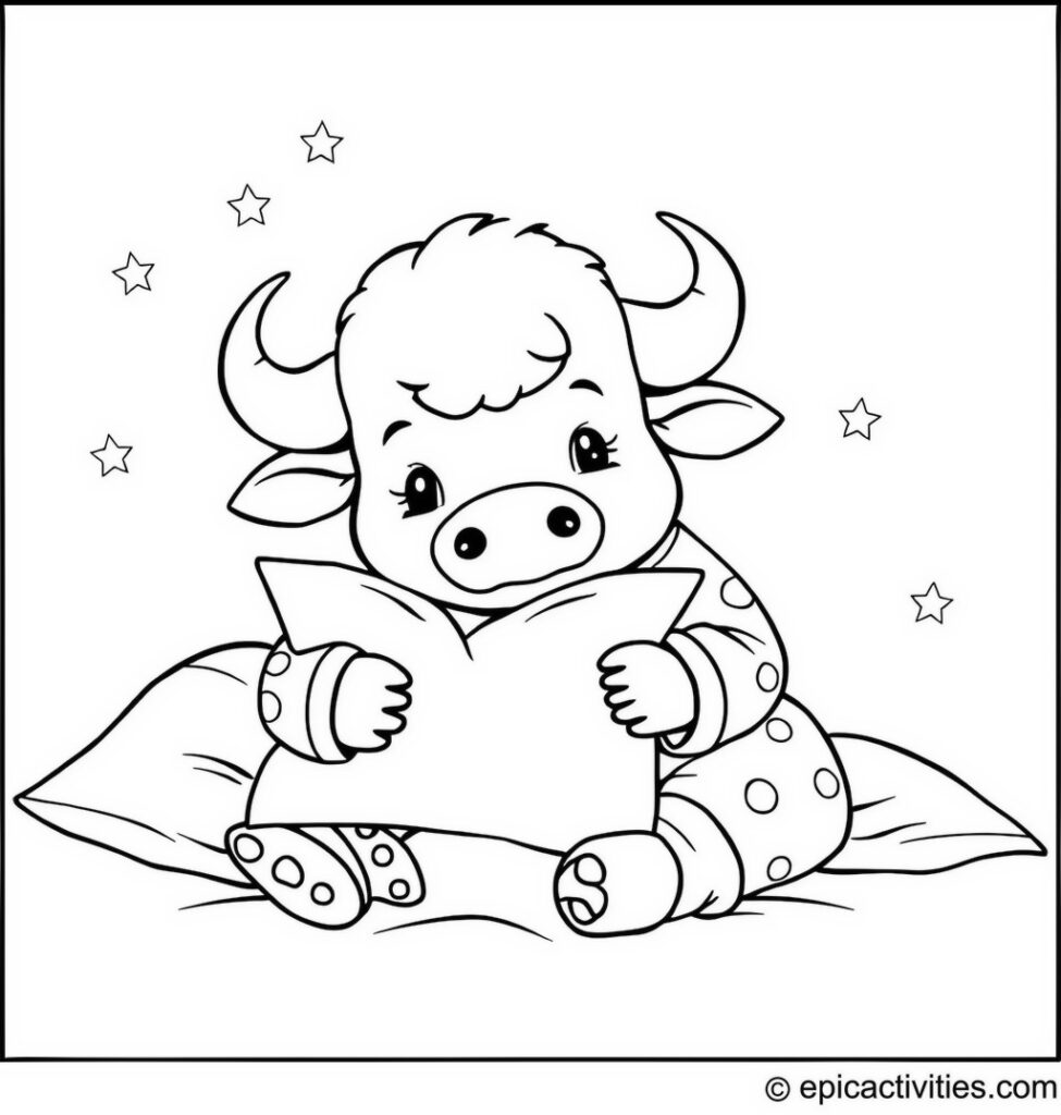 Coloring page of a cute buffalo in pajamas having a sleepover pillow fight