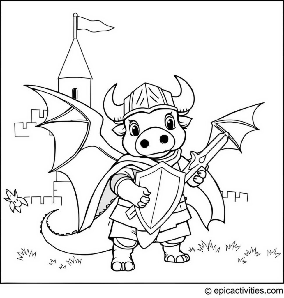 Coloring page of a cute buffalo knight slaying a friendly dragon in a castle