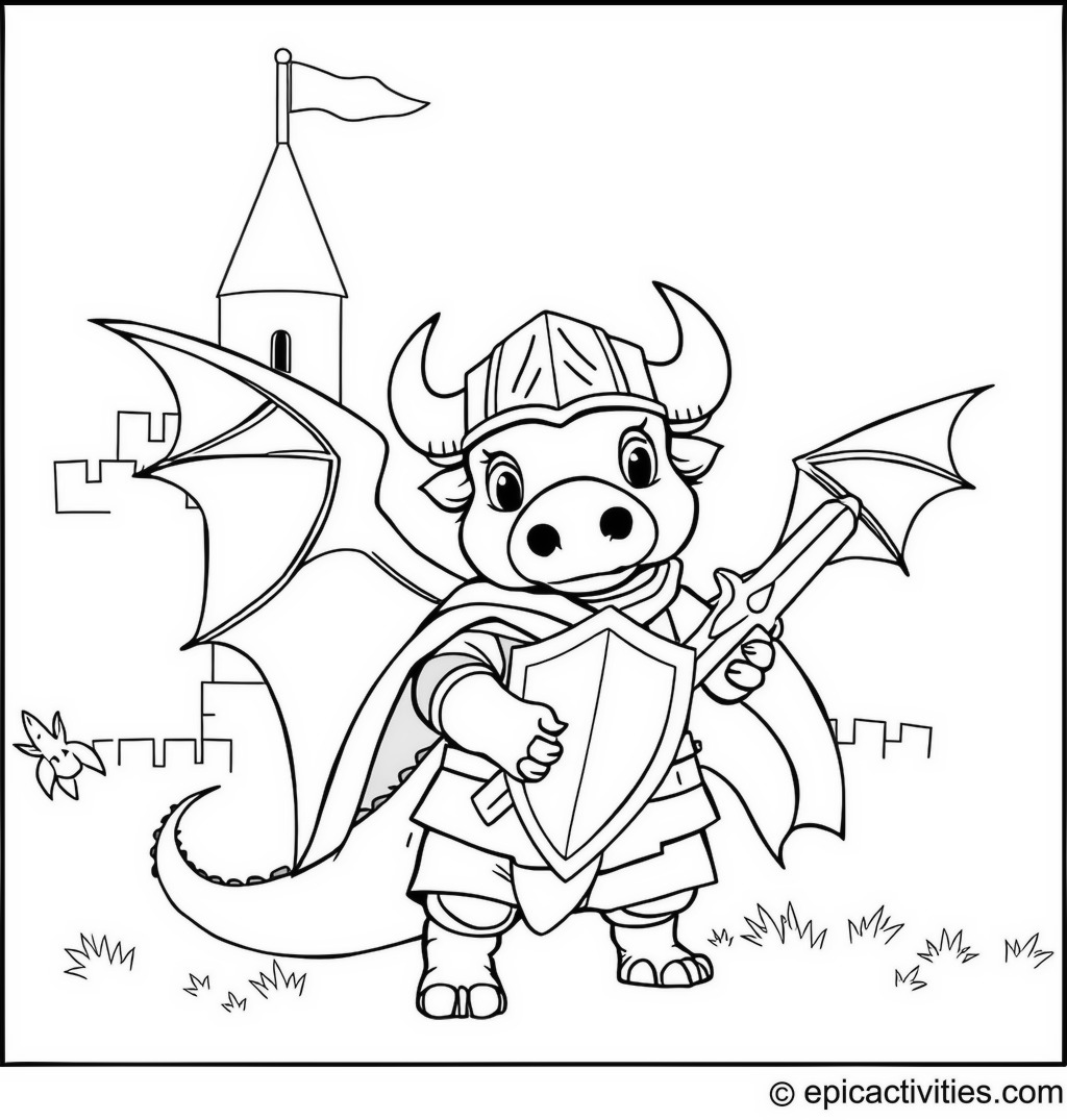 Coloring page of a cute buffalo knight slaying a friendly dragon in a castle