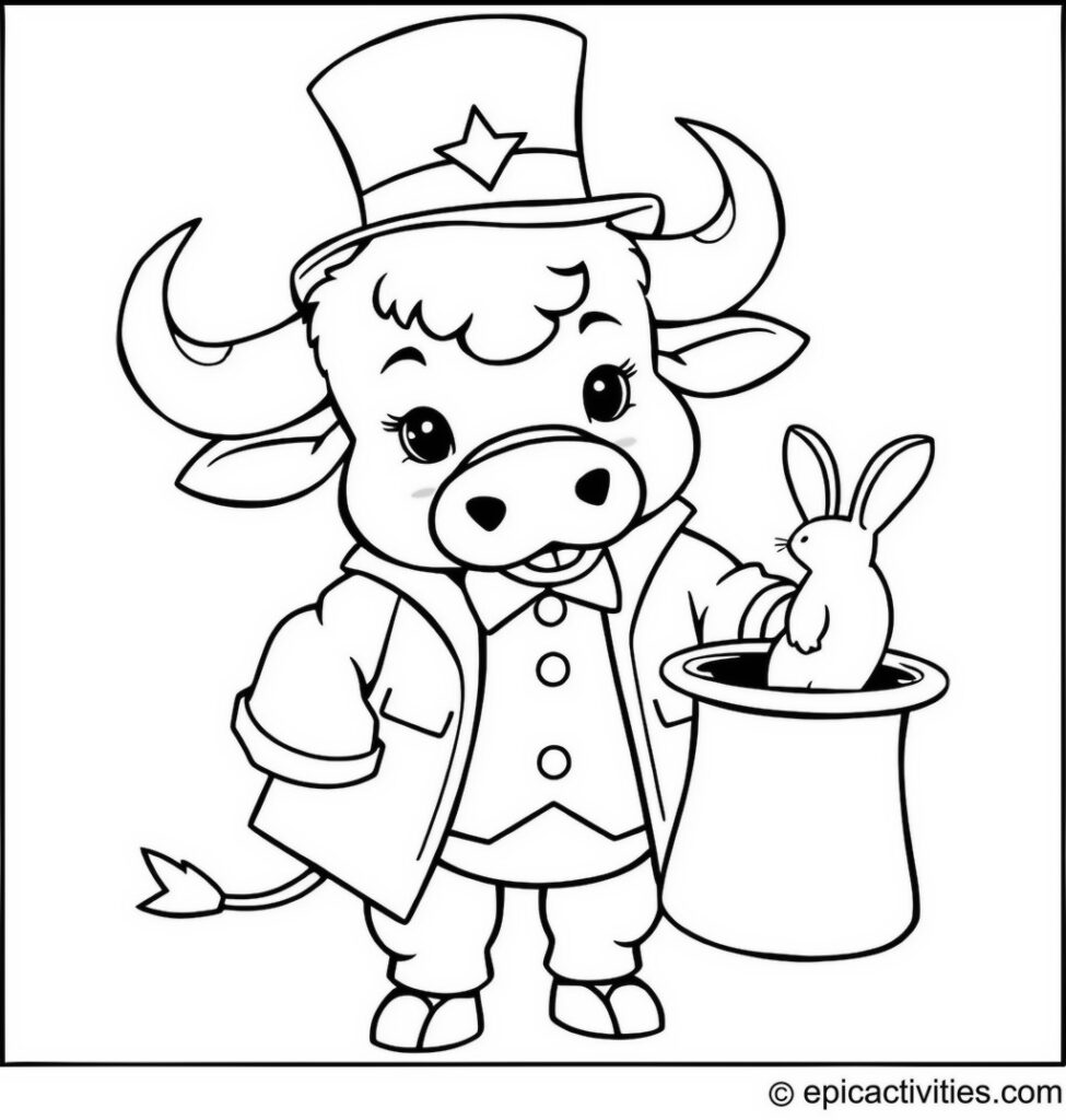 Coloring page of a Cute Buffalo Magician Pulling a Rabbit Out of a Hat