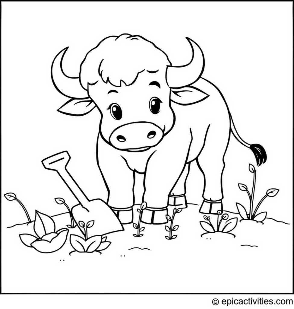 Coloring page of a Cute Buffalo Planting Seeds in a Vegetable Garden