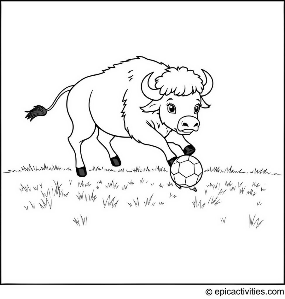 Coloring page of a cute buffalo playing soccer with friends