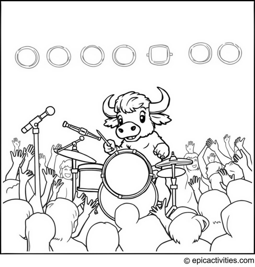 Coloring page of a cute buffalo playing the drums in a rock band with excited crowd