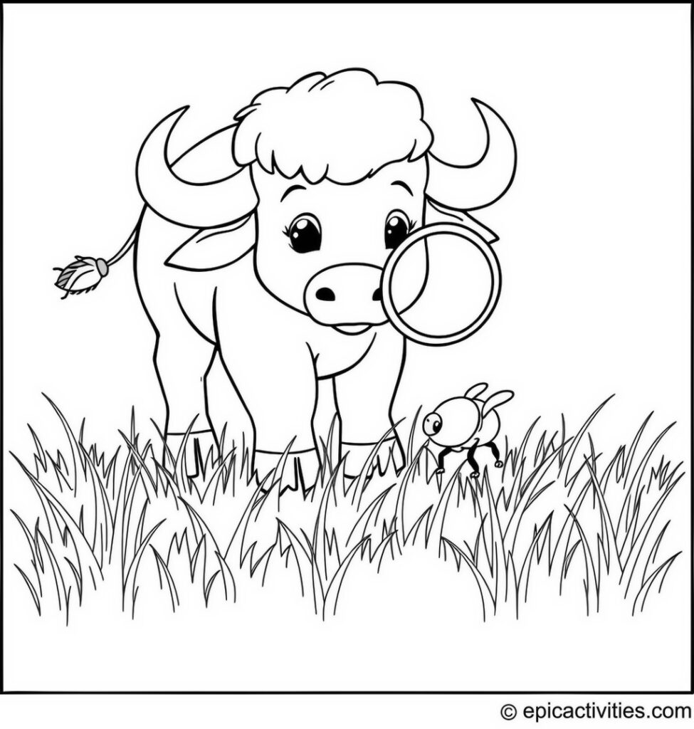 Coloring page of a cute buffalo studying a bug with a magnifying glass