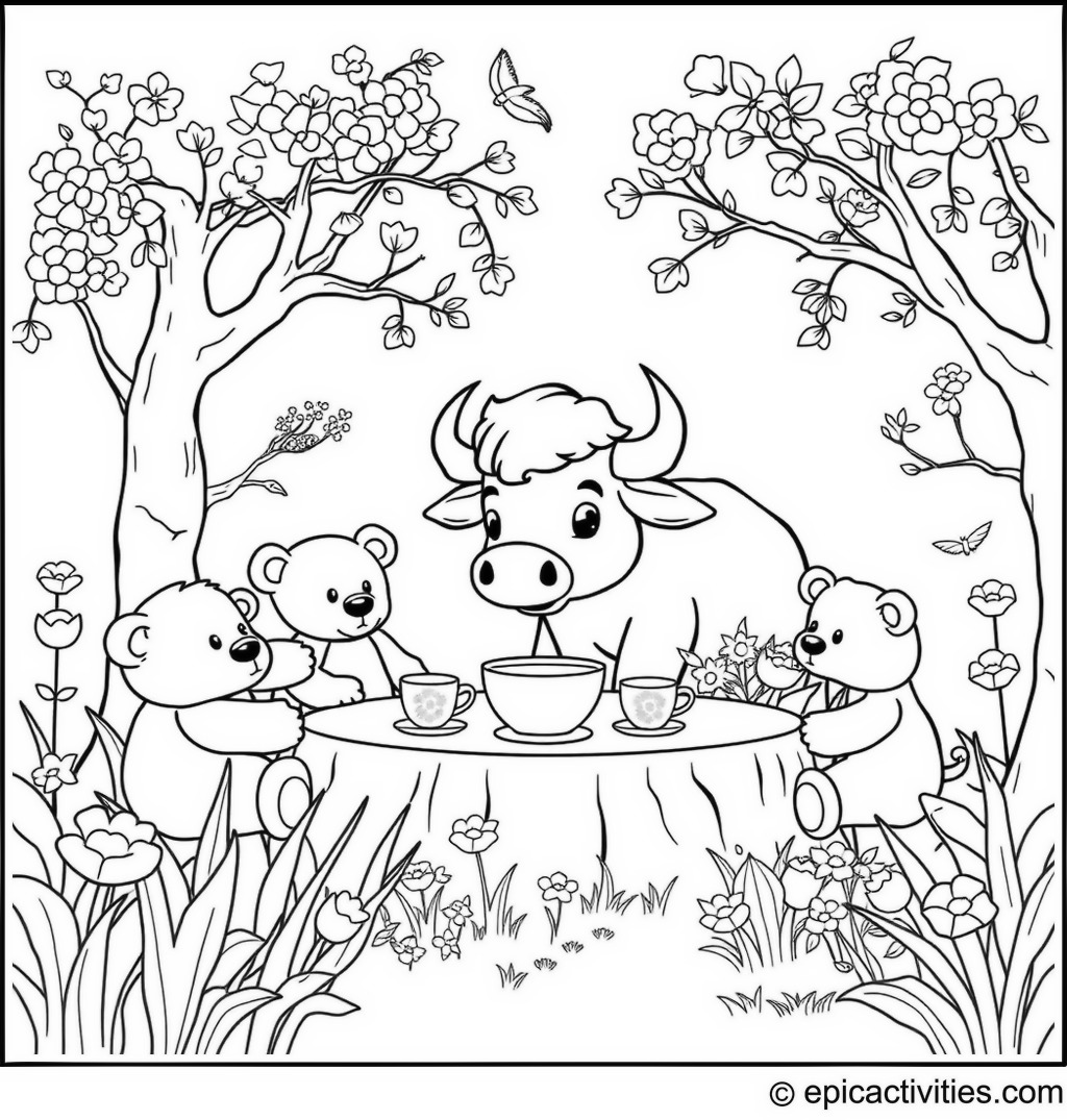 Coloring page of a Cute Buffalo’s Tea Party with Teddy Bears and Dolls in a Garden