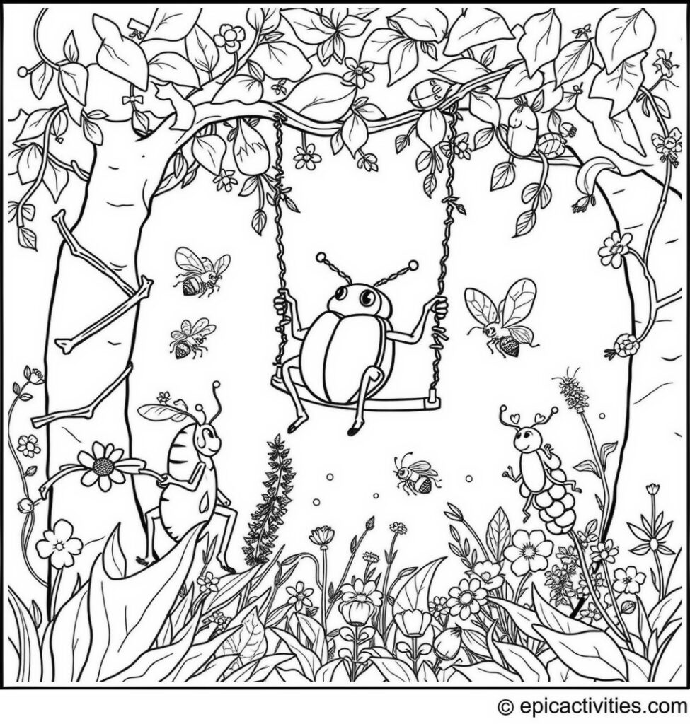 Coloring page of a festive beetle party in the forest