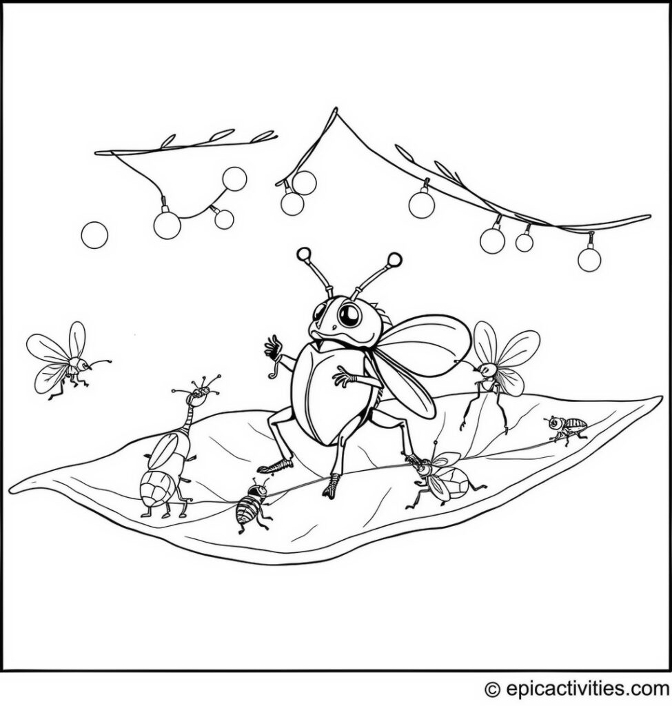 Coloring page of a Grand Beetle Ballroom Dance on a Leaf