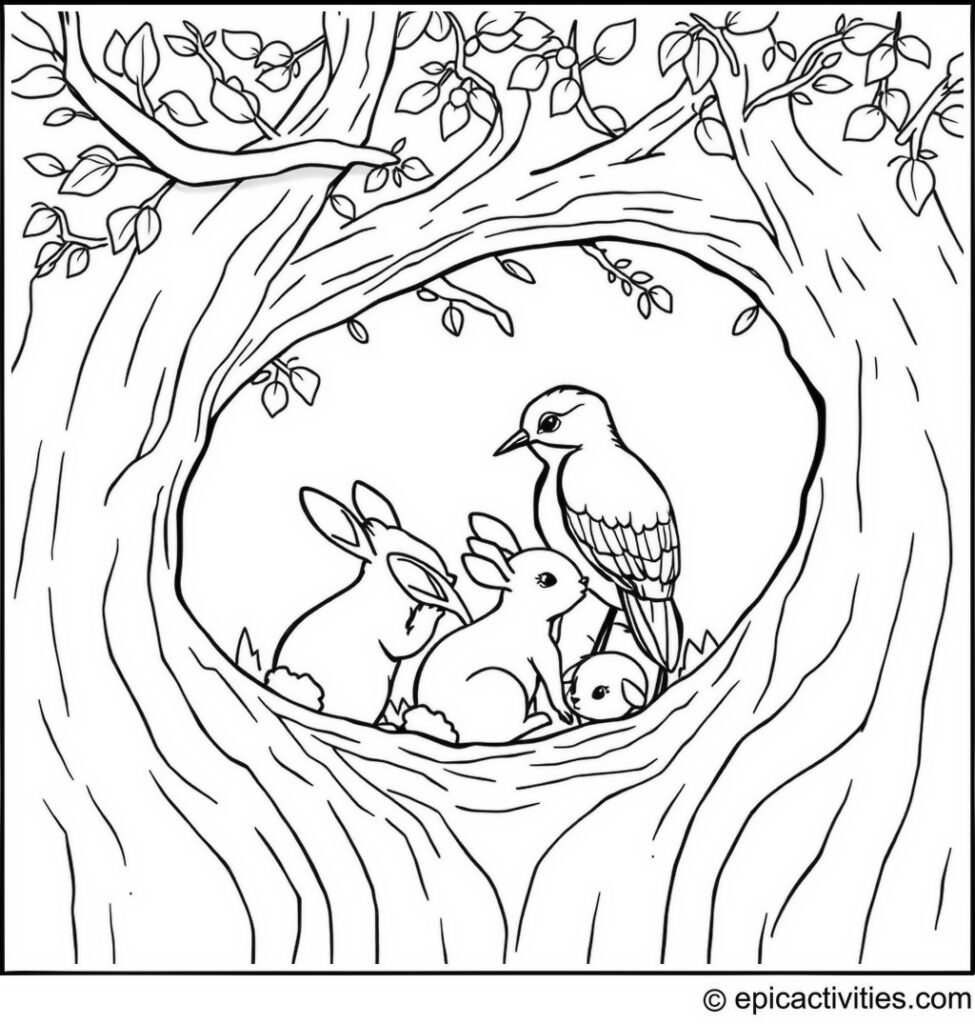 Coloring page of a Happy Bluebird with Baby Bunnies in a Tree Hollow