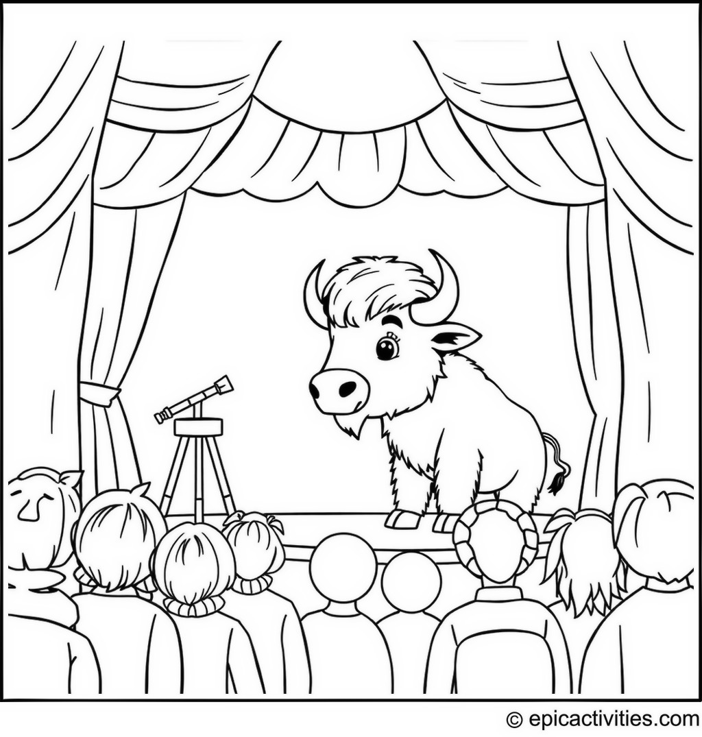 Coloring page of a Playful Bison in a Detailed Scene with Props and Audience
