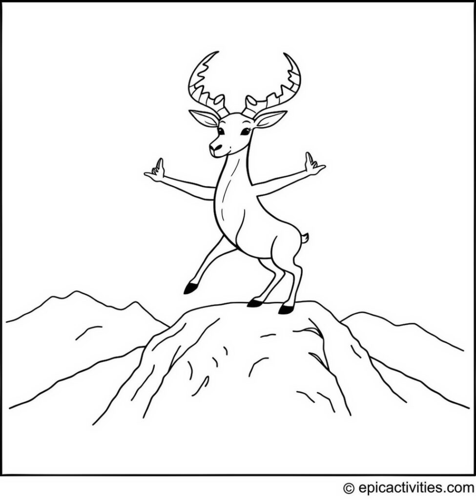 Coloring page of Cute and Simple Antelope Doing Yoga on a Mountaintop
