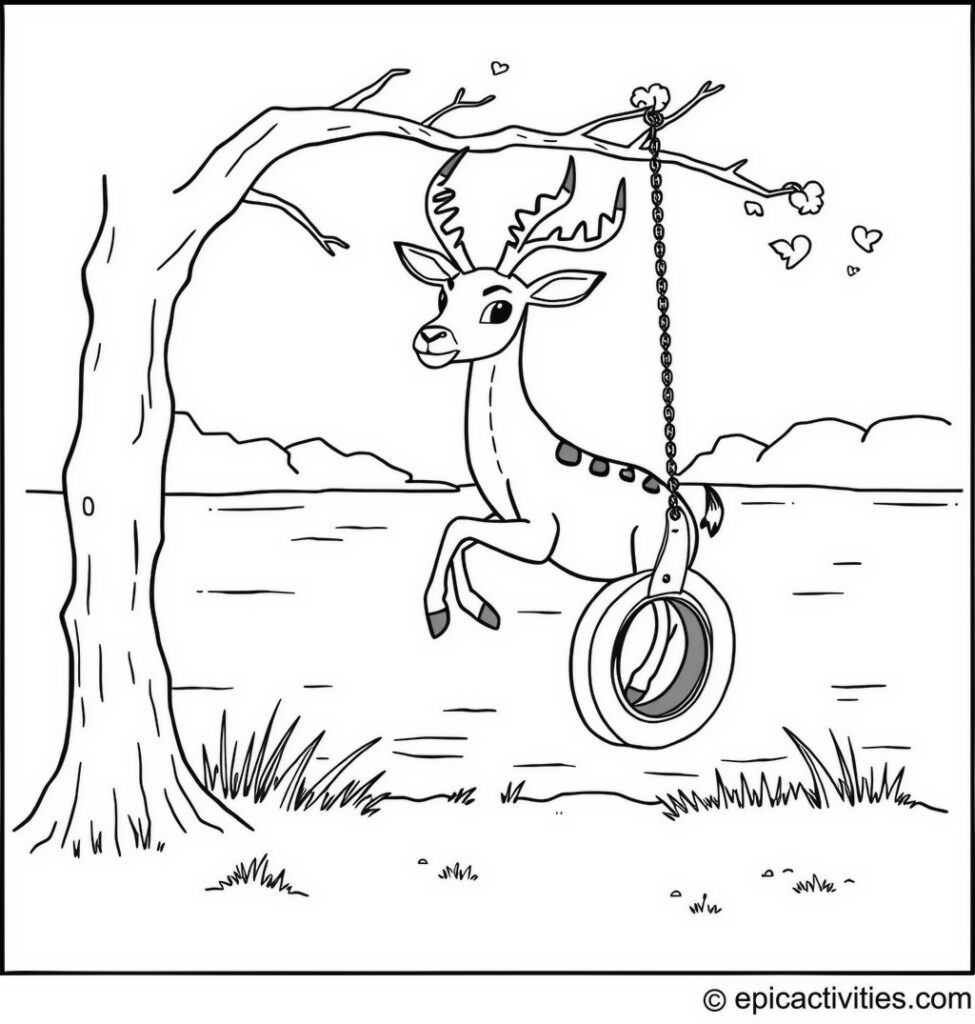 Coloring page of Cute and Simple Antelope Swinging on a Tire Swing by a Riverbank