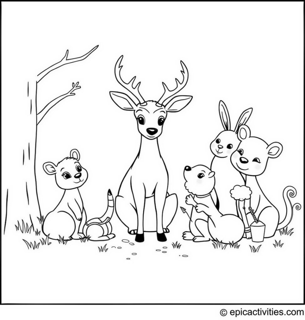 Coloring page of Cute and Simple Antelope Teaching Woodland Creatures