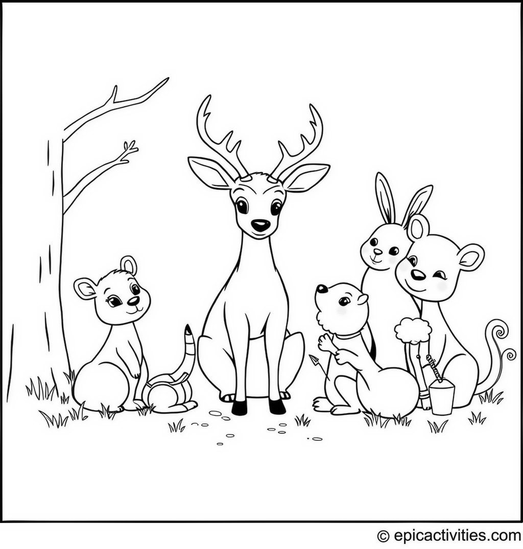 Coloring page of Cute and Simple Antelope Teaching Woodland Creatures