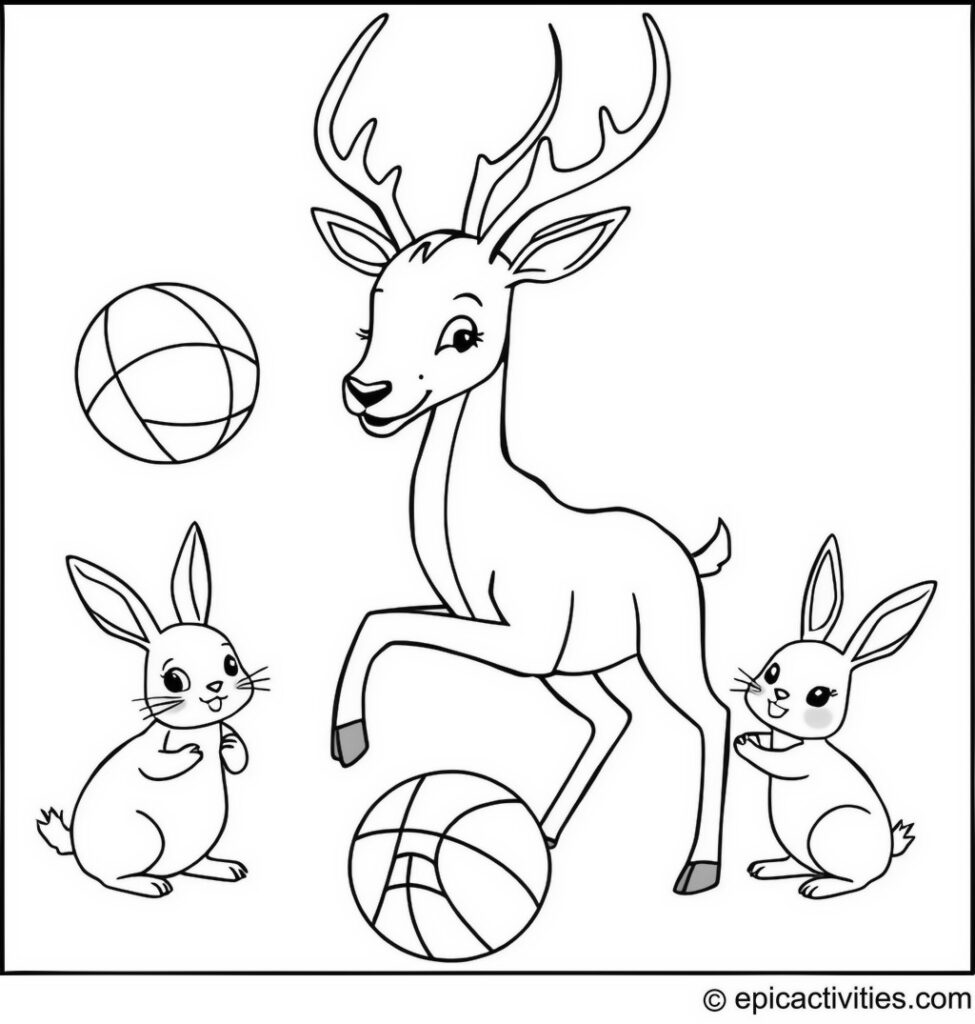 Coloring page of Cute Antelope and Bunnies Playing Basketball