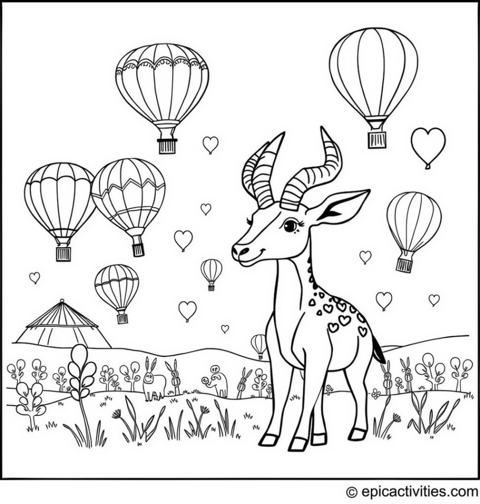 Coloring page of Cute Antelope at a Hot Air Balloon Festival