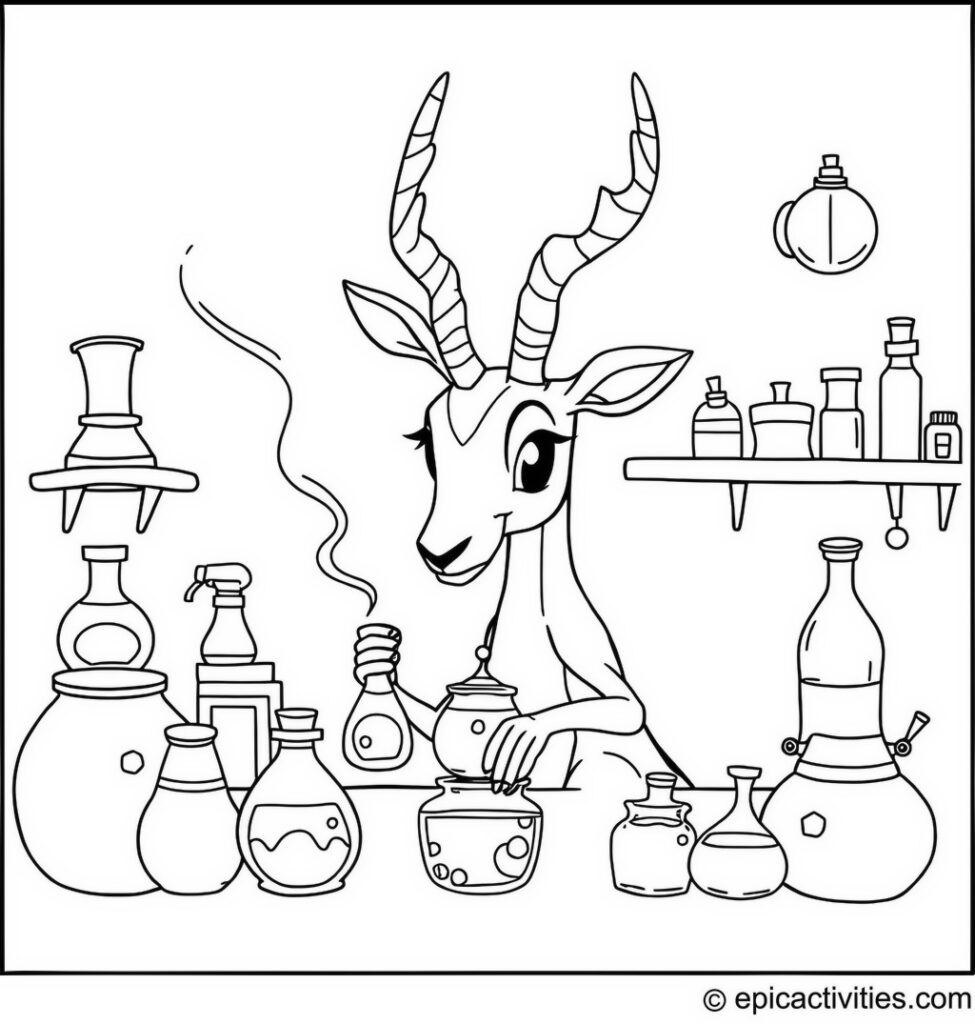 Coloring page of Cute Antelope Brewing Magic Potions in a Whimsical Alchemist’s Lab