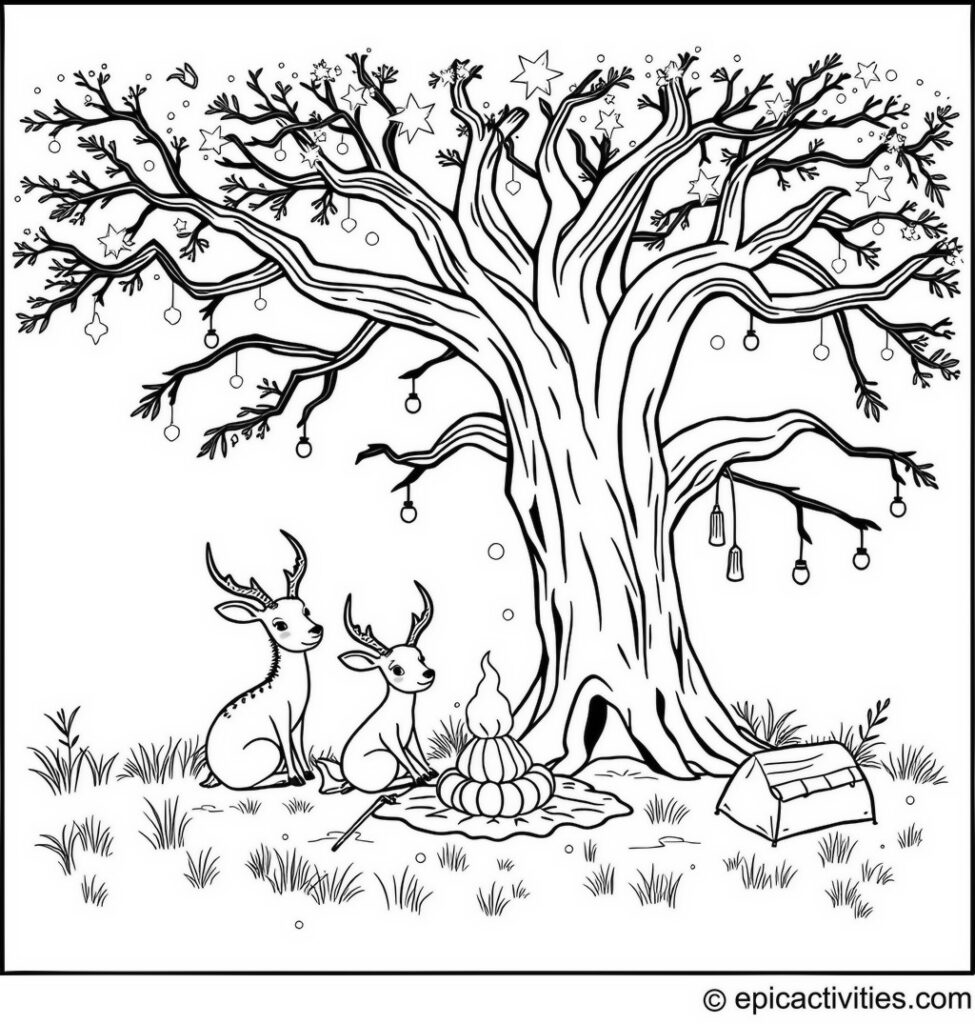 Coloring page of Cute Antelope Camping with Friends Under Enormous Tree with Fireflies and Glowing Elements