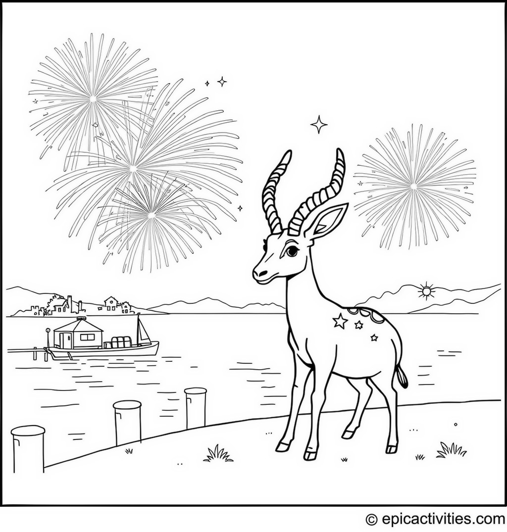 Coloring page of Cute Antelope Celebrating Festive Fireworks by the Riverside Pier