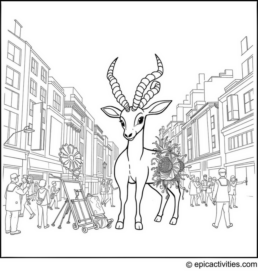 Coloring page of Cute Antelope Creating an Elaborate Art Installation in a Busy City Square