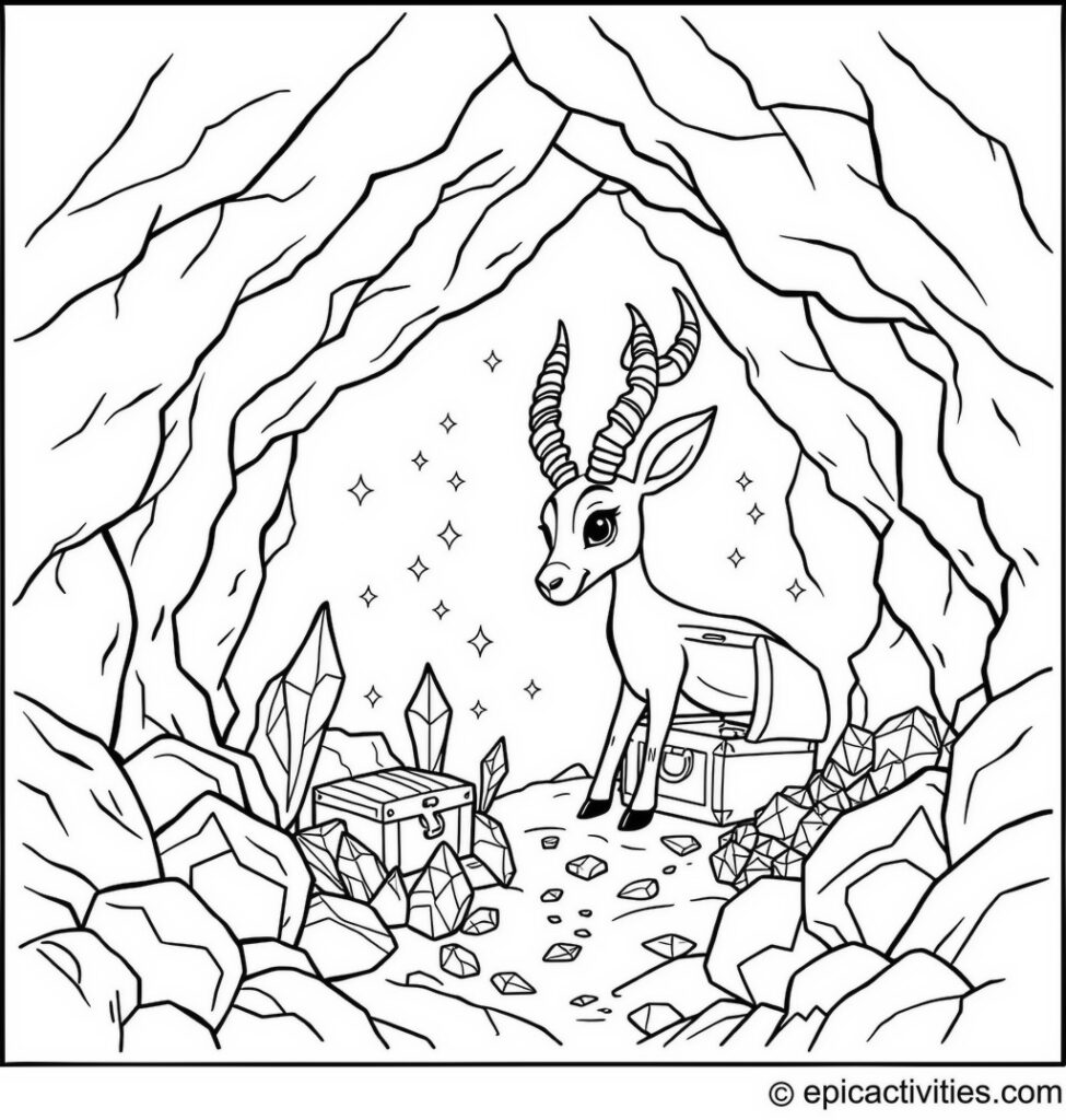 Coloring page of Cute Antelope Exploring a Sparkling Cave