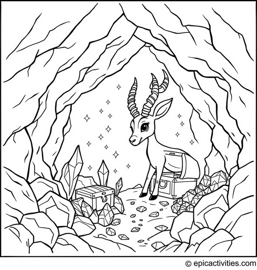 Coloring page of Cute Antelope Exploring a Sparkling Cave