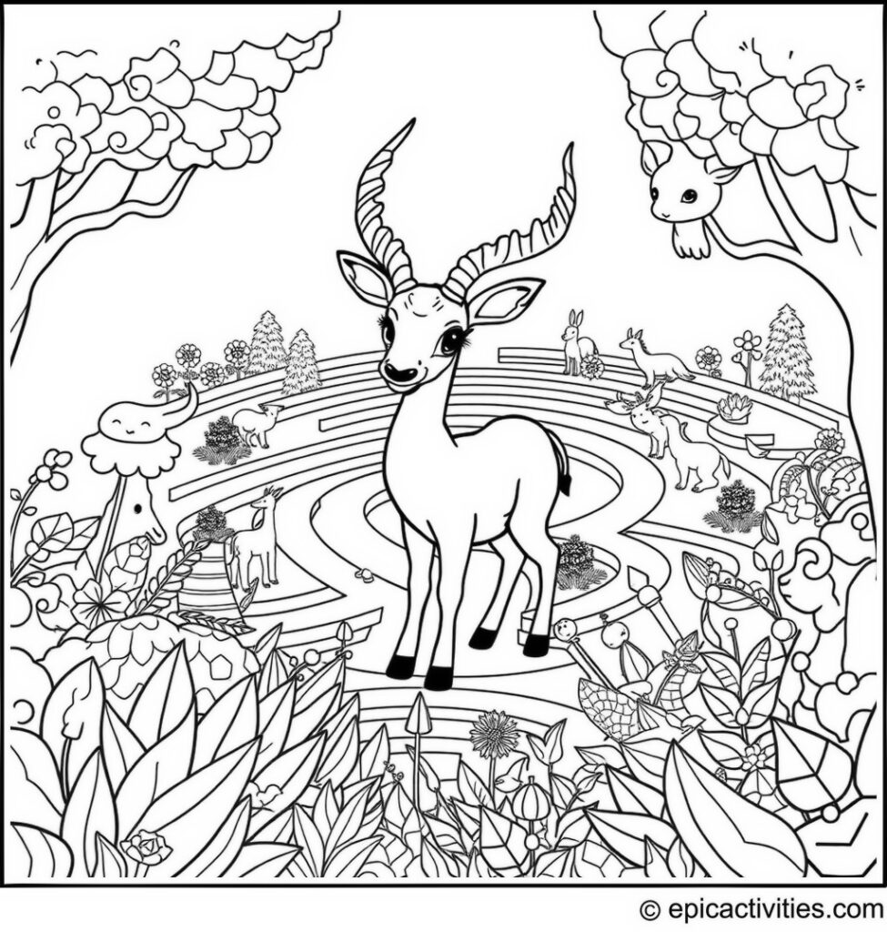 Coloring page of Cute Antelope Exploring Intricate Mazes and Gardens