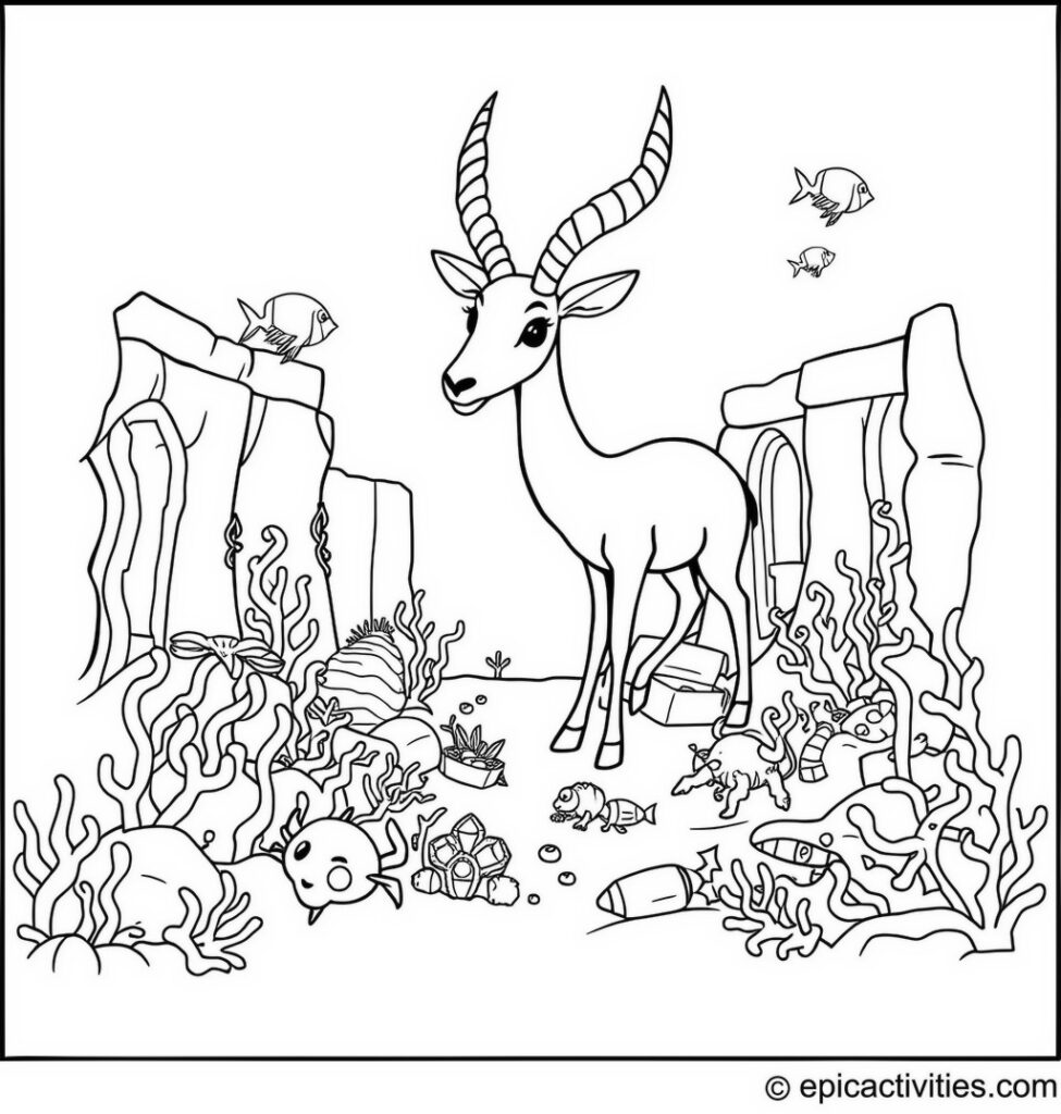 Coloring page of Cute Antelope Exploring Underwater Ruins with Sea Creatures and Hidden Treasures