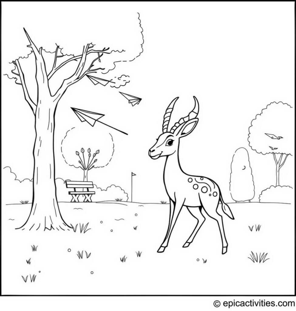 Coloring page of Cute Antelope Launching Paper Airplanes in the Park