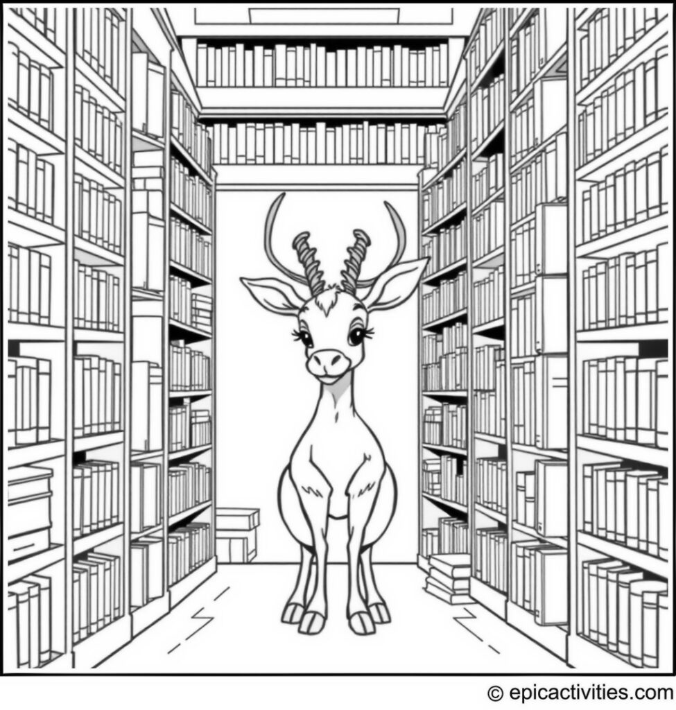 Coloring page of Cute Antelope Organizing Books in a Grand Library