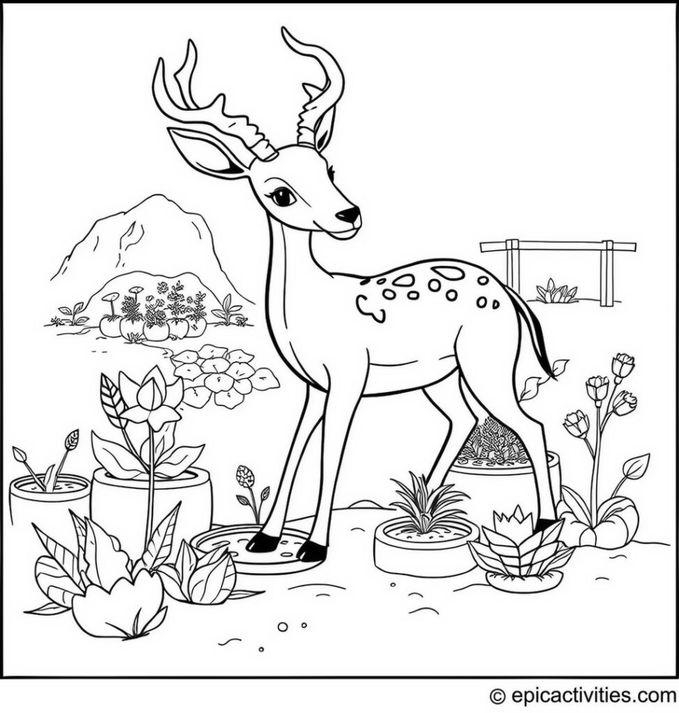 Coloring page of Cute Antelope Planting a Community Garden