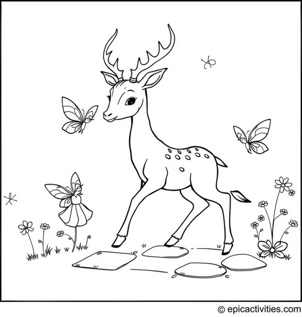 Coloring page of Cute Antelope Playing Hopscotch with Fairies
