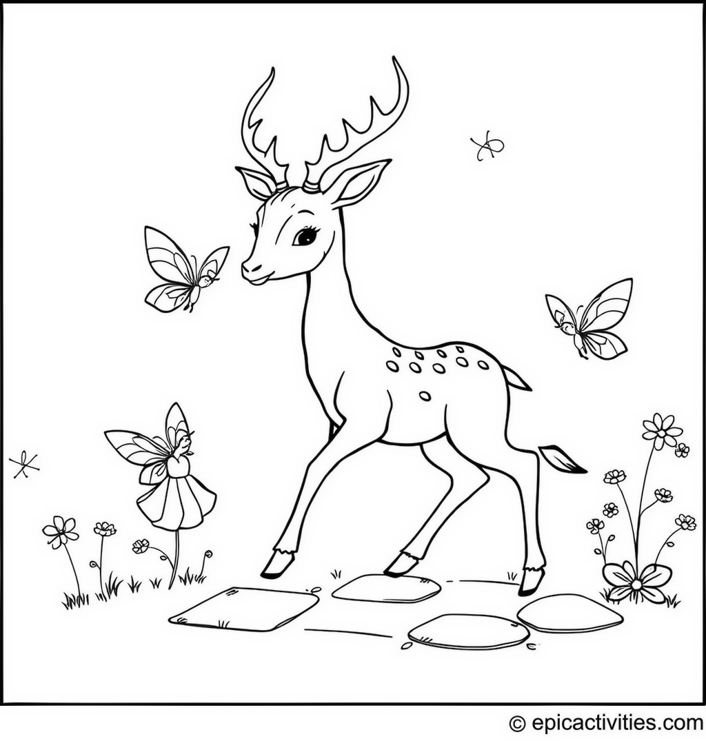 Coloring page of Cute Antelope Playing Hopscotch with Fairies