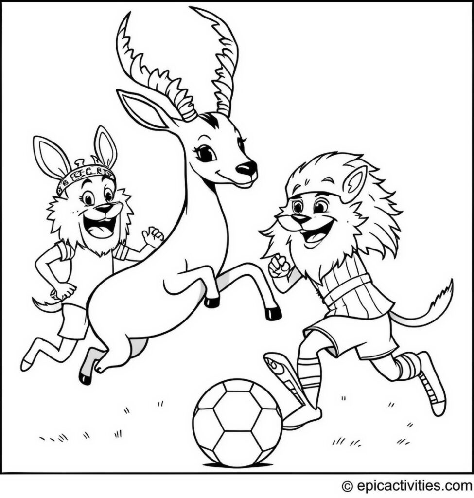 Coloring page of Cute Antelope Playing Soccer with Imaginative Mascots