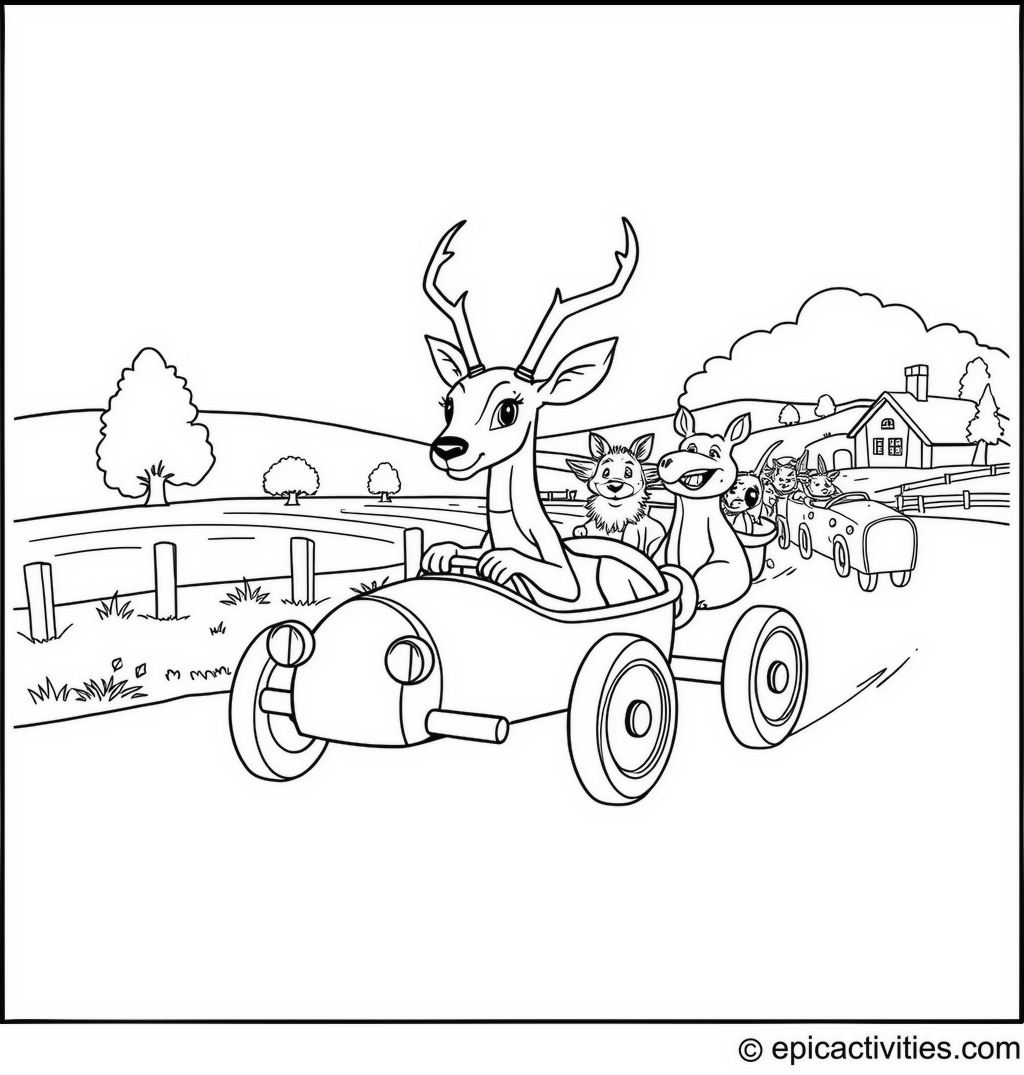 Coloring page of Cute Antelope Racing in a Soapbox Derby