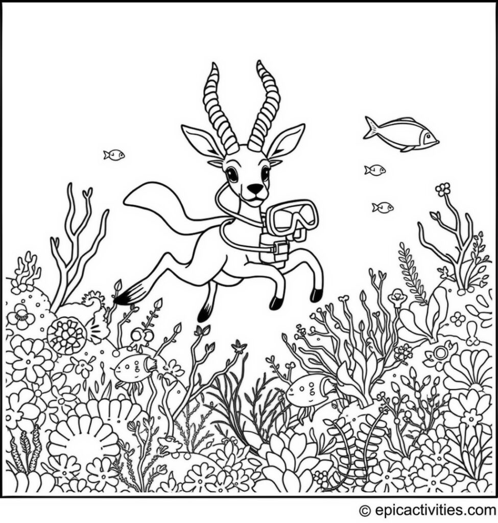 Coloring page of Cute Antelope Scuba Diving in a Colorful Coral Reef