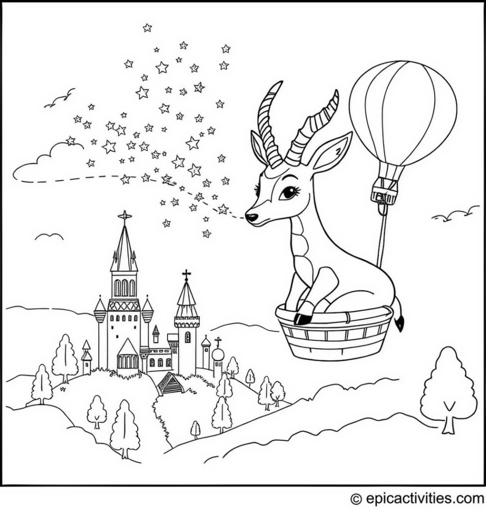 Coloring page of Cute Antelope Sprinkling Fairy Dust from a Hot Air Balloon